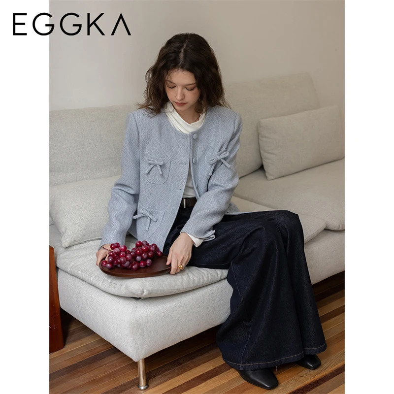 EGGKA Bow Pockets Designer Short Coats Women Autumn Winter New Elegant Jackets Korean Style Classy Coat Lady Commute Outerwear