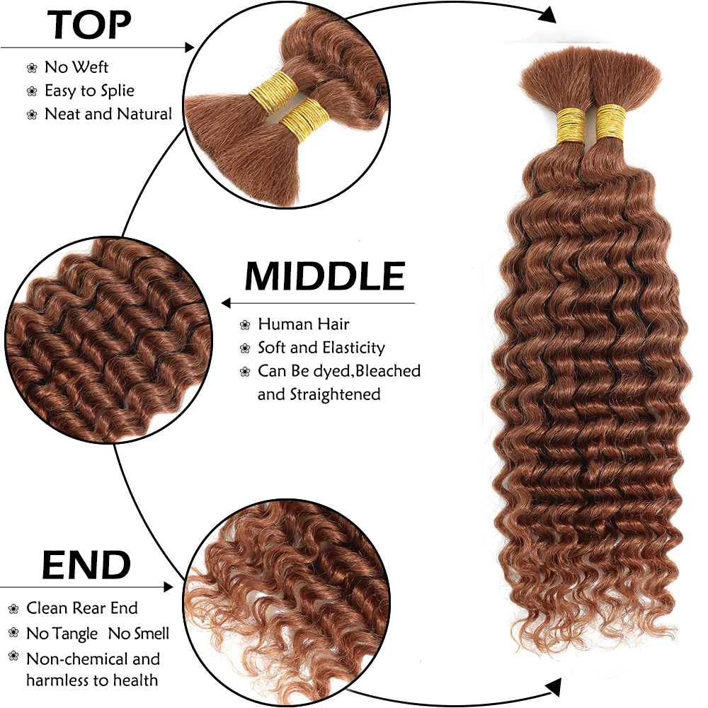 Human Braiding Hair 18Inch 100g Brown Deep Wave Bulk Human Hair for Braiding No Weft Curly Bundles Human Hair Extensions Color30