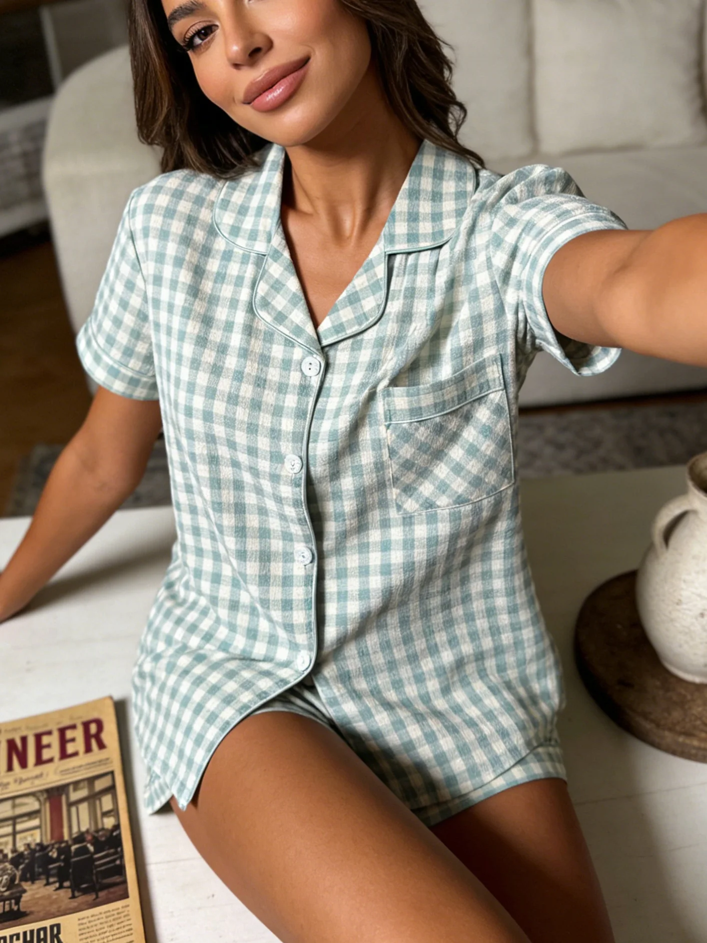 

Женский домашний комплект: пижама-кардиган с отложным воротником, короткий рукав, шорты, двухсоставный комплект, весна-лето, свежий светло-зеленый в клетку, свободный крой, повседневный стиль