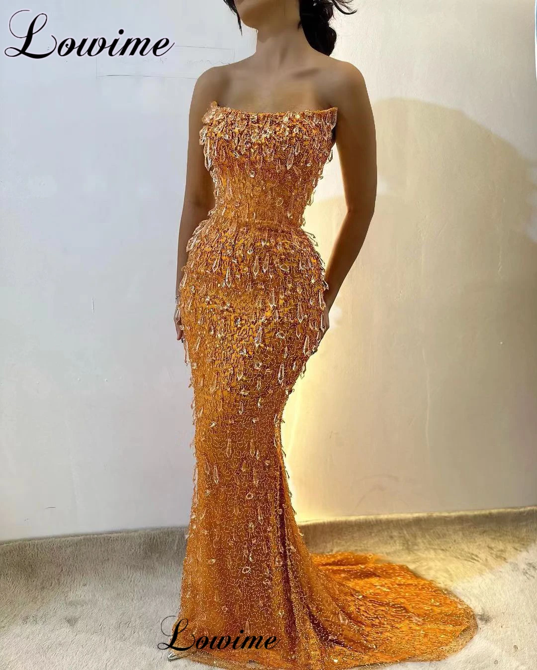 Crystals Orange Mermaid Evening Dresses Strapless Elegant Wedding Guests Dresses High Luxury Robes De Soirée Grand Party Gowns