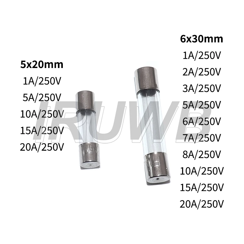 200Pcs 250V 5x20mm & 6x30mm Glass Tube Fuses Fast Blow Glass Fuses Assortment Kit 15 Values Auto Fuses Assortment Kit