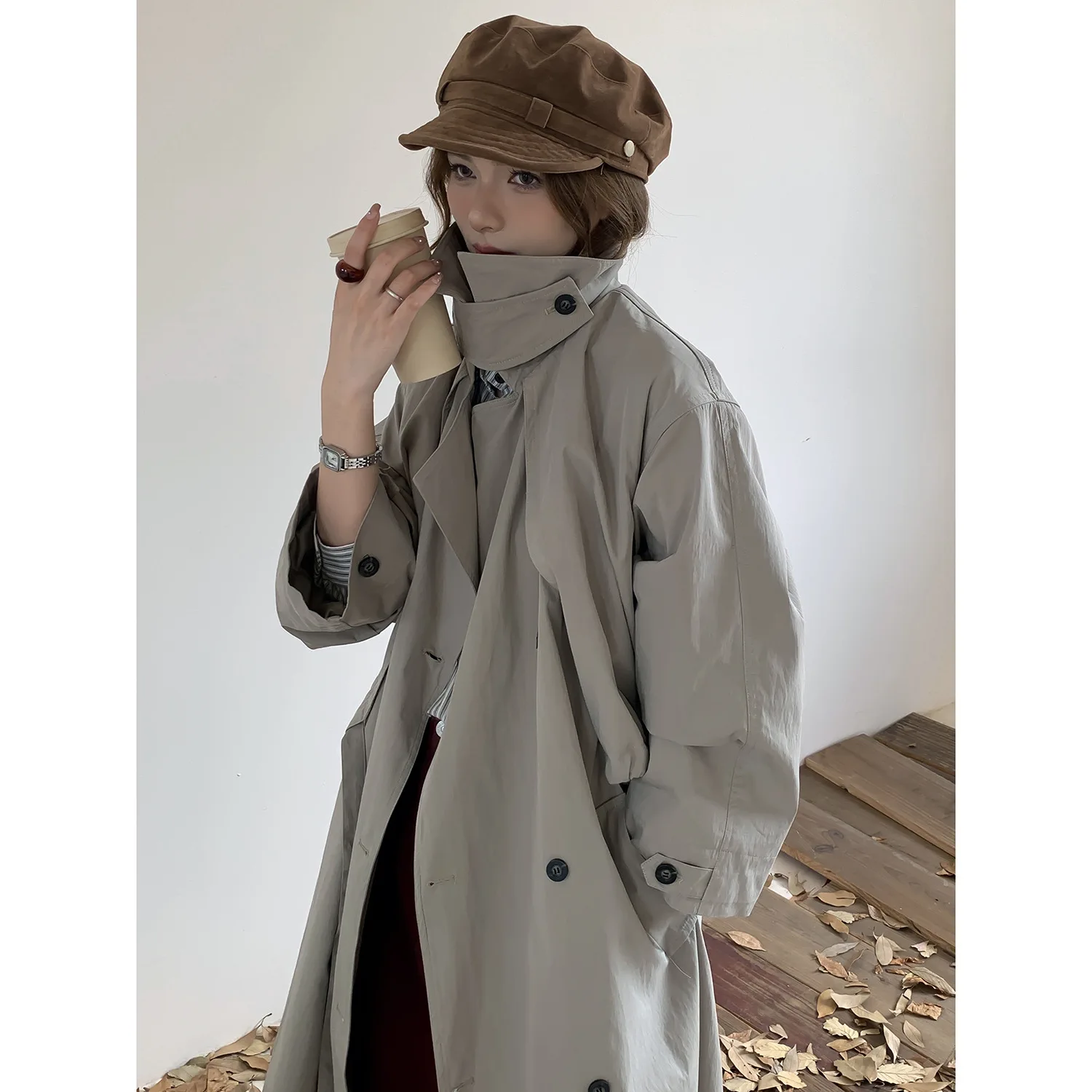 

SuperAen Women's 2026 Spring and Autumn New Korean-style Loose Trench Turn-down Collar Solid Color Simple Long Coats