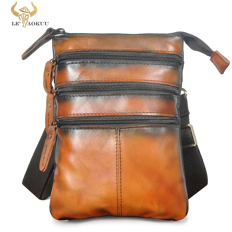 

Hot Sale Original Leather Travel Retro Fanny Waist Belt Bag Chest Pack Sling Bag Design Phone Cigarette Case For men Male 8712