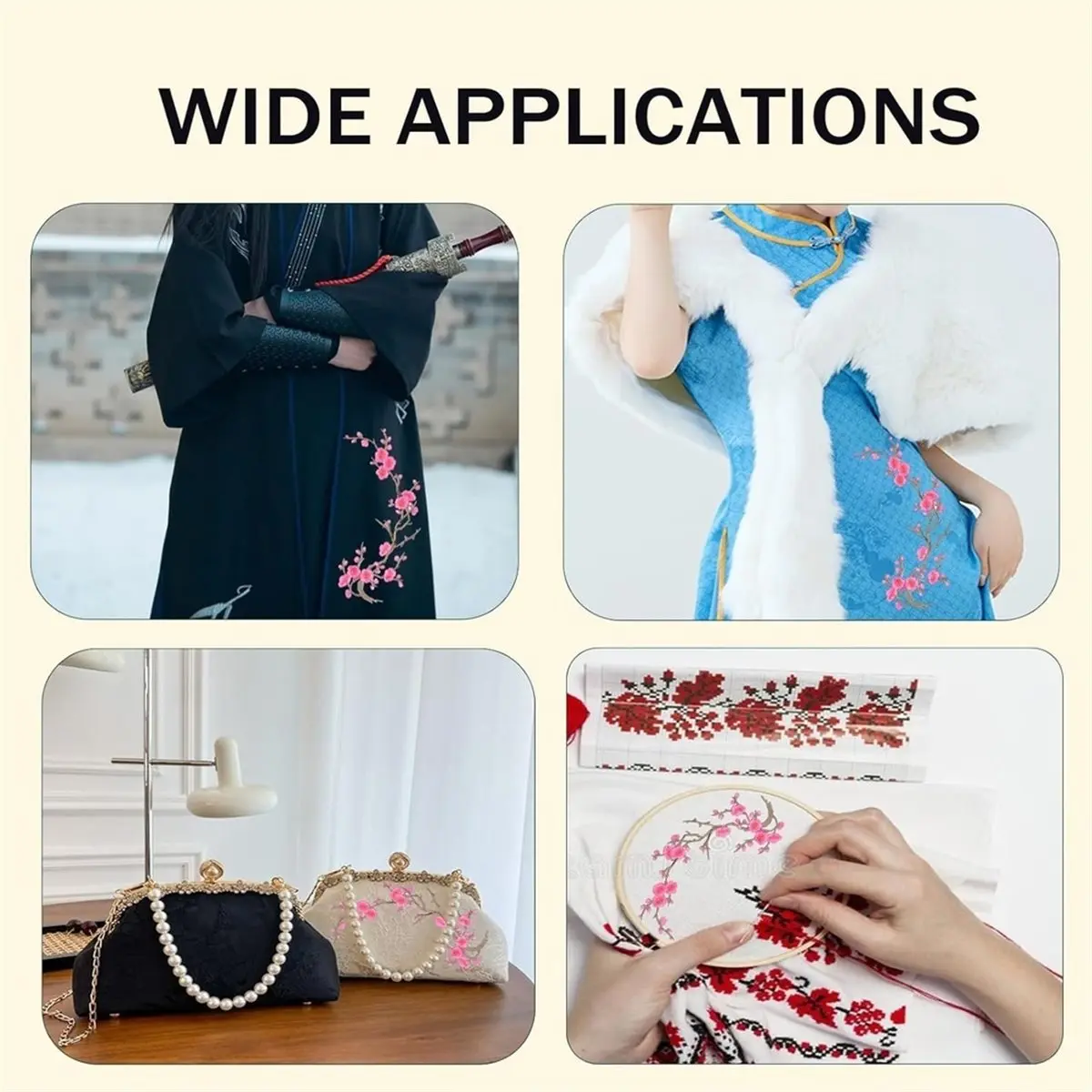2 Pcs Vintage Cherry Blossom Iron on Patch Embroidery Flower Vines Sew on Patches for Jeans, Clothes, Backpack