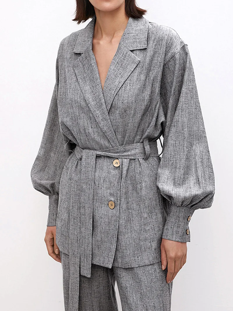 2022 Autumn Winter Women Solid Grey Linen Office Pants Set Outfits Long Sleeve Robe Blazer Suit 2 Two Piece Matching Set