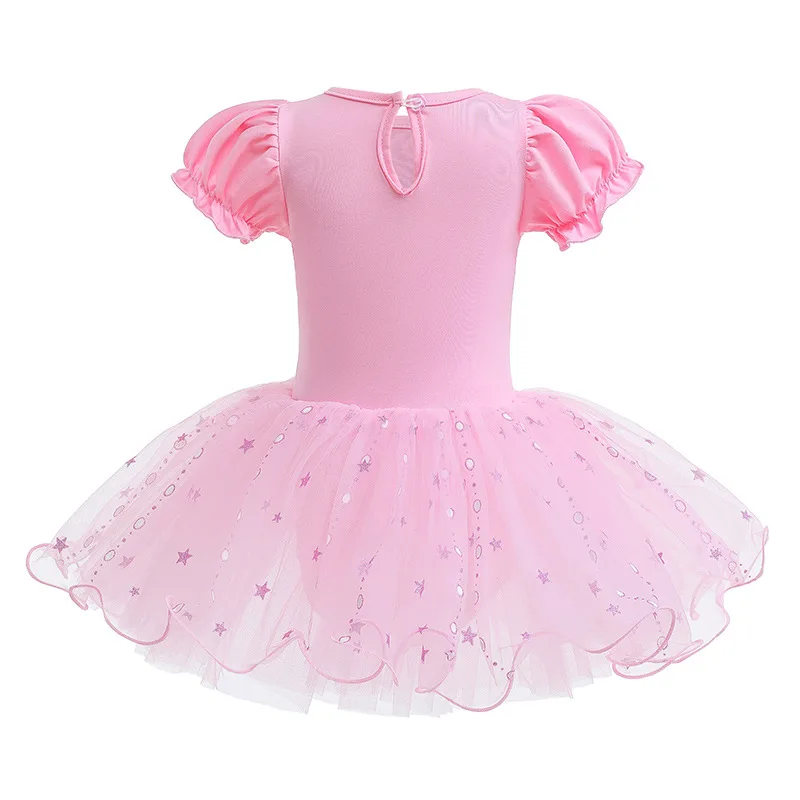 New Summer Kids Girl Ballet Dance  Dress Short Sleeved O-neck Puff Sleeves Mesh Pentagram Children\'s Day Skirt K2304