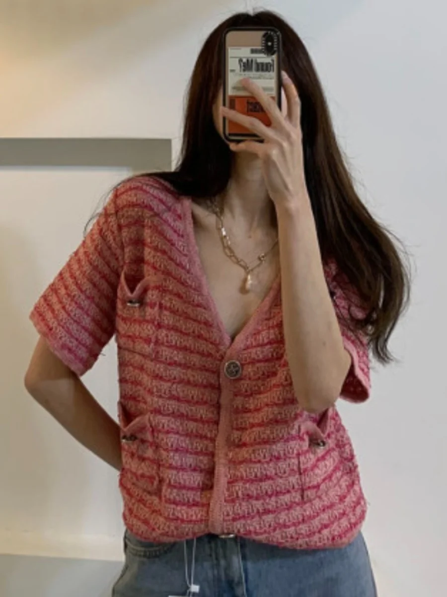 Chaqueta de punto fina retro rosa nueva de verano para mujer, cárdigan abierto con cuello en V, manga corta, ra, transpir...