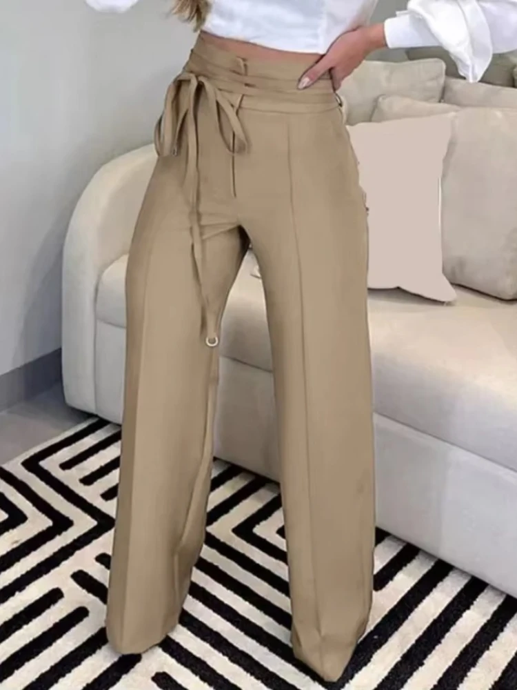 Ueteey Women's Pants 2024 Spring Fashion Tied Detail Straight Leg Elegant Plain High Waist Long Work Pants Office Lady