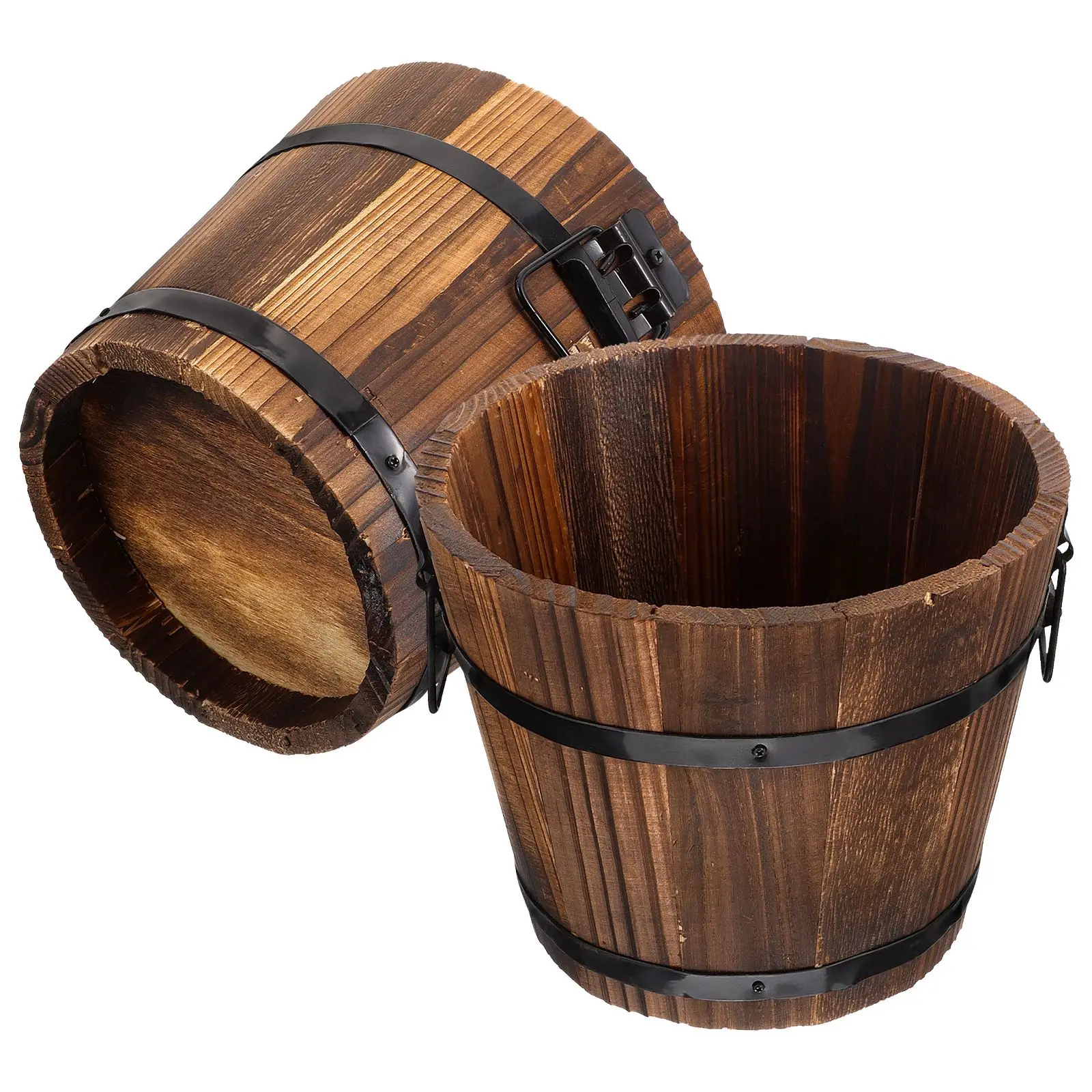 

2 Pcs Wooden Barrel Flower Pot Whiskey Style Carbonized Wood Planter Durable Vintage Garden Decor Outdoor Plant Container