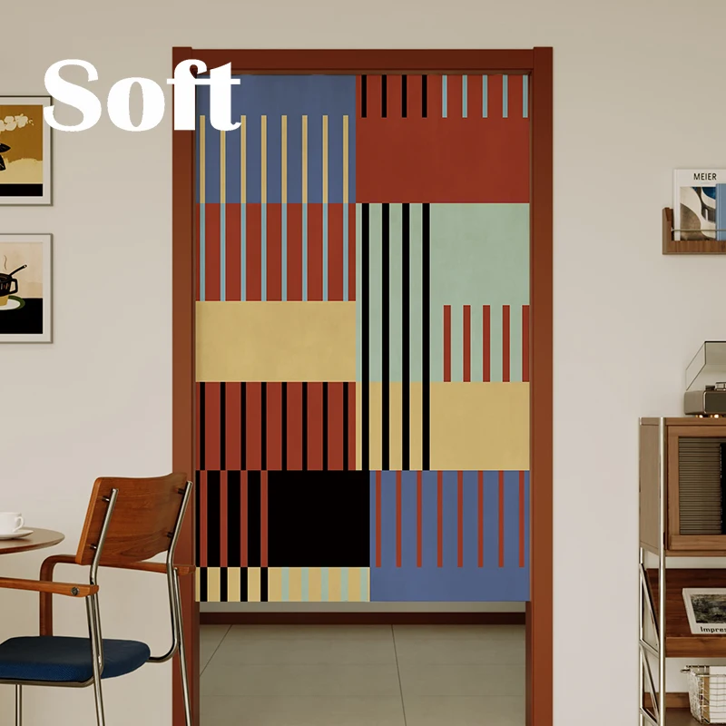 Modern Minimalist Retro Color Block Door Curtain Bathroom Privacy Partition No Punching Required Entrance Blocking Cloth Curtain