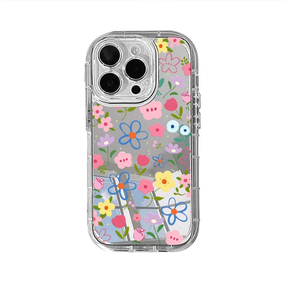 Korean Ins Style Floral Silver Mirror Phone Case For iPhone 17 Pro Max 15 16 14 13 12 11 7 8 Plus Pro 17 Air XR X Max Soft Cover view 6