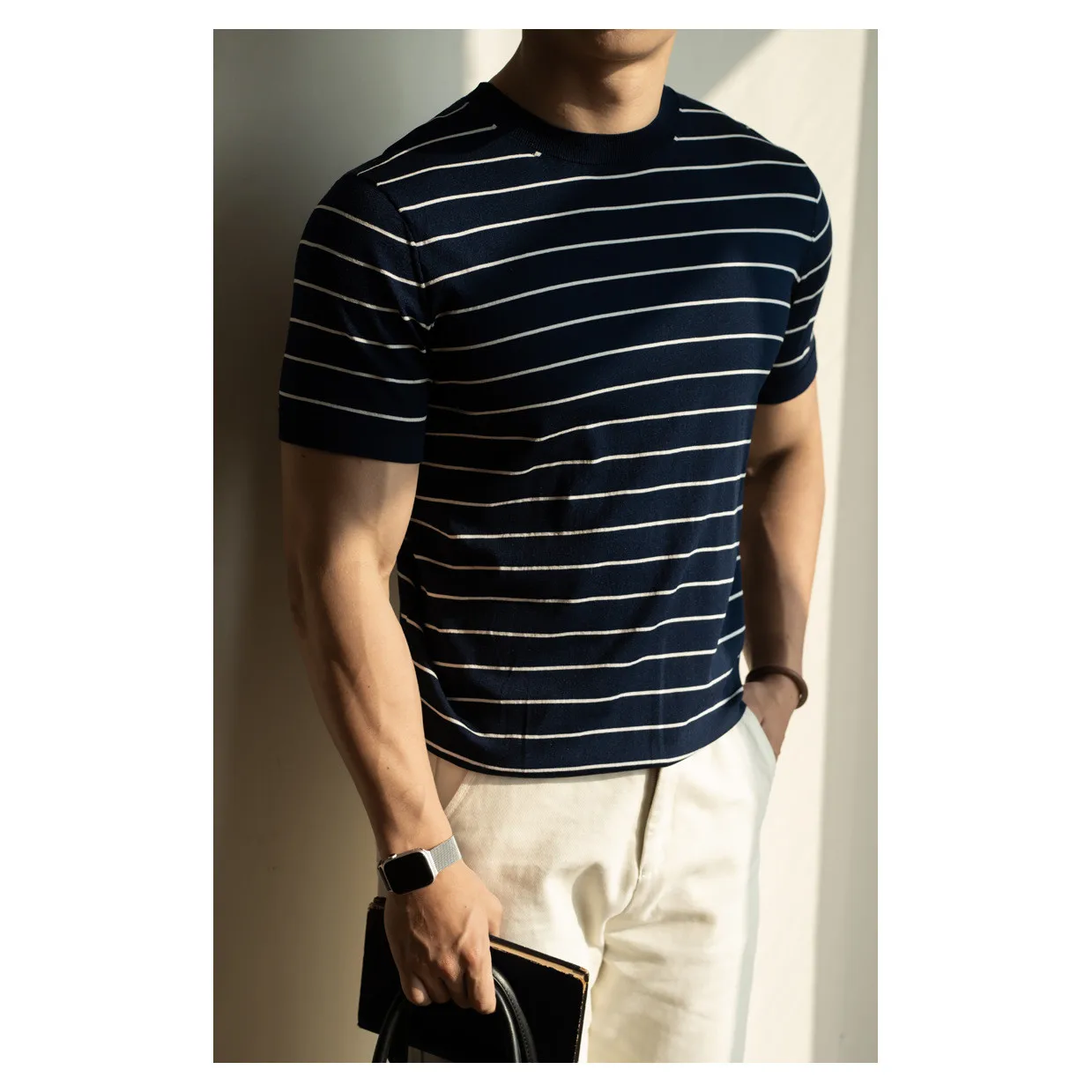 

Linen Silk Men's Short Sleeve T-Shirt Knitted round Neck Casual Fashion Breathable Summer New Style Color Block Striped Top