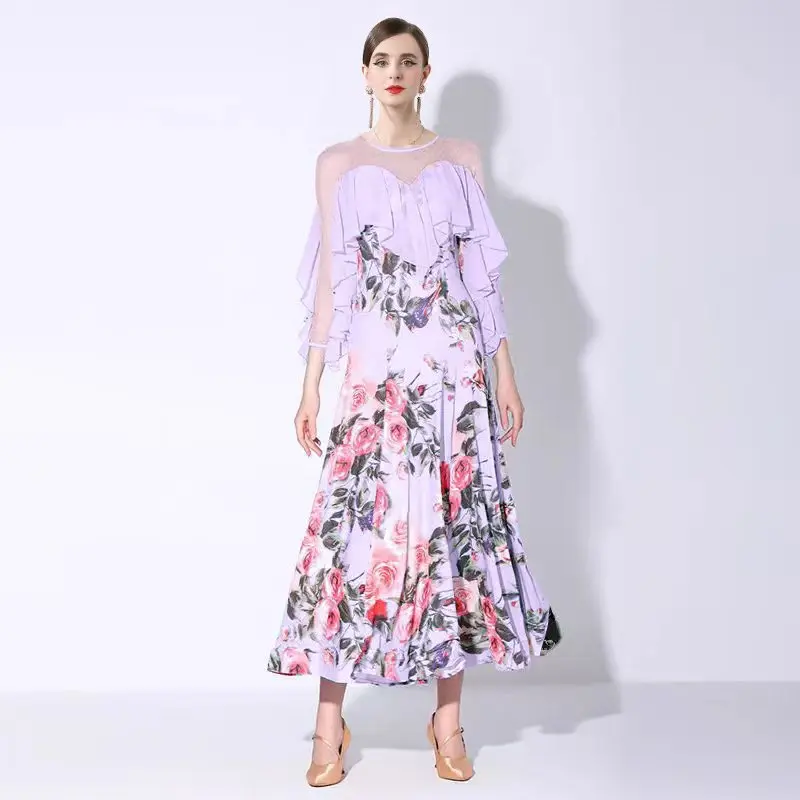 Schickes bedrucktes Patchwork-Abendkleid für Cocktailpartys, Damenbekleidung, fließendes Chiffon-Tanzkleid im französischen Stil, langer Rock 2025,