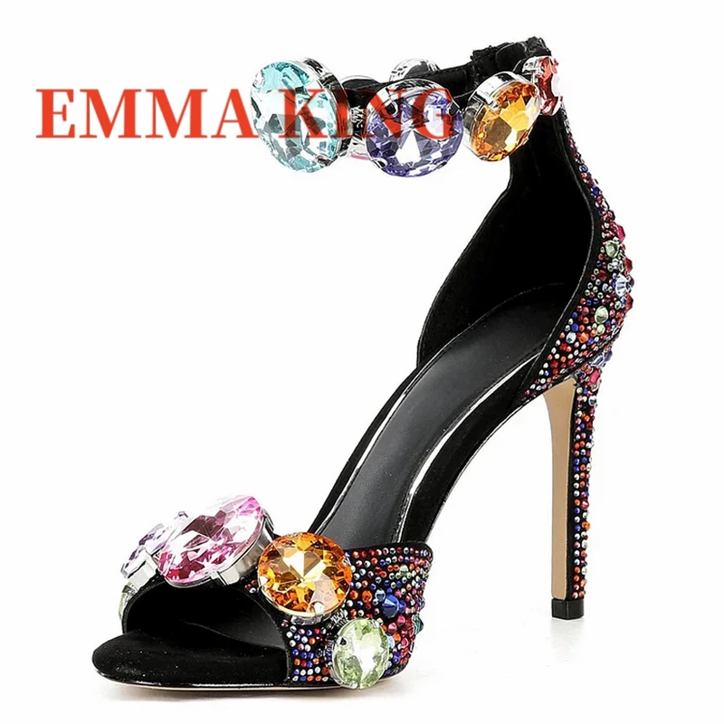جولة تو كعب ستيليتو حجر الراين الصنادل أزياء المرأة رقيقة عالية الكعب حذاء من الكريستال تصميم فاخر النساء أحذية الحفلات المسائية #1