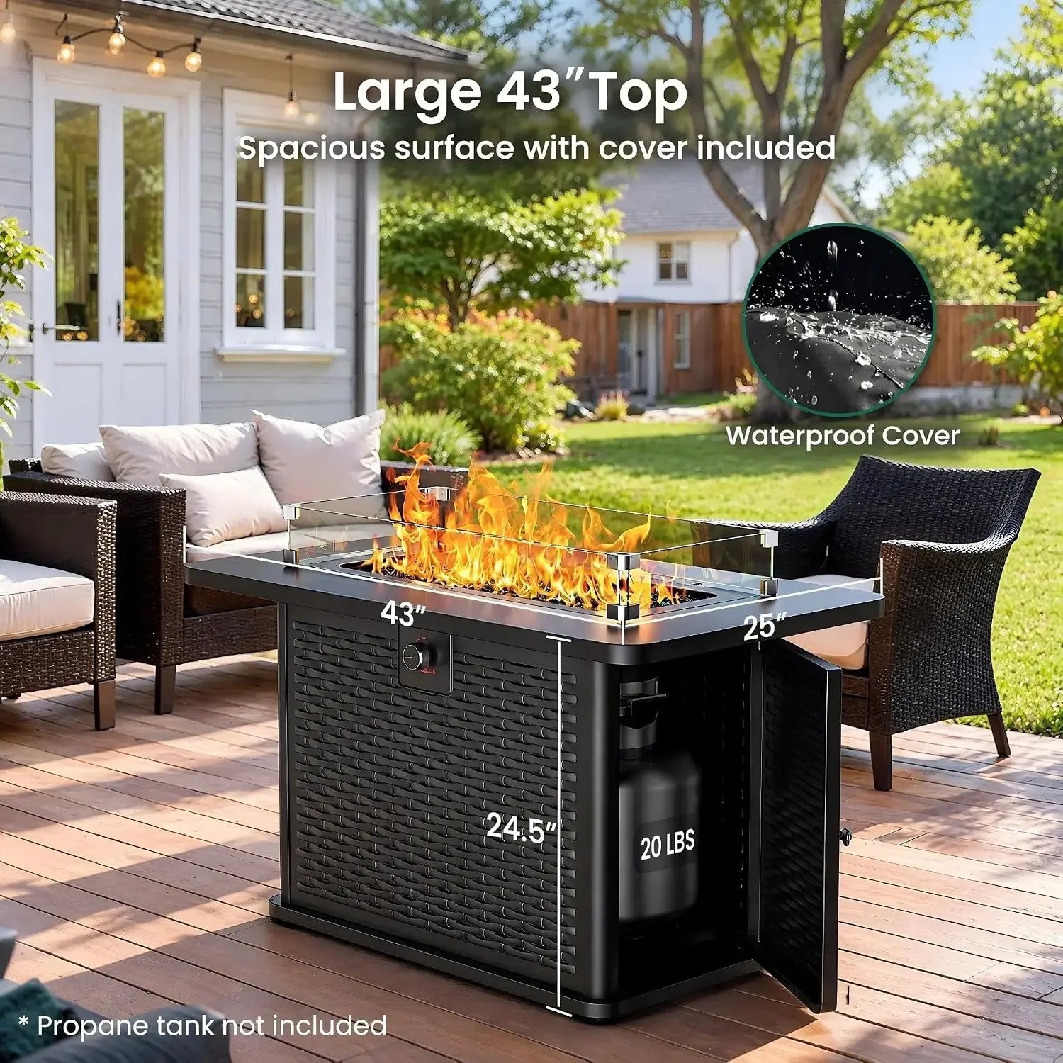 43-Inch Rectangular Propane Fire Pit with 60,000 BTU Output, Fire Pit Table Premium Gas for Outside Patio with 304, Customized