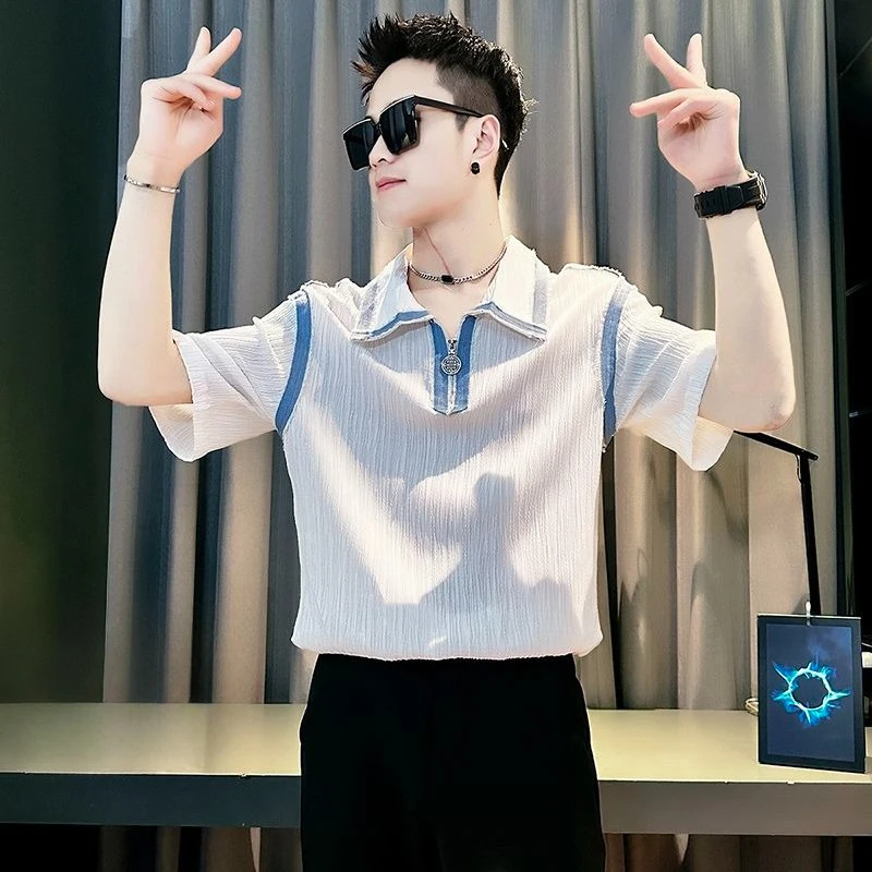 

Fashion Patchwork Men's Turn-Down Collar 2026 Summer Loose Fit Short Sleeve Polo T-Shirt Casual Stylish Top