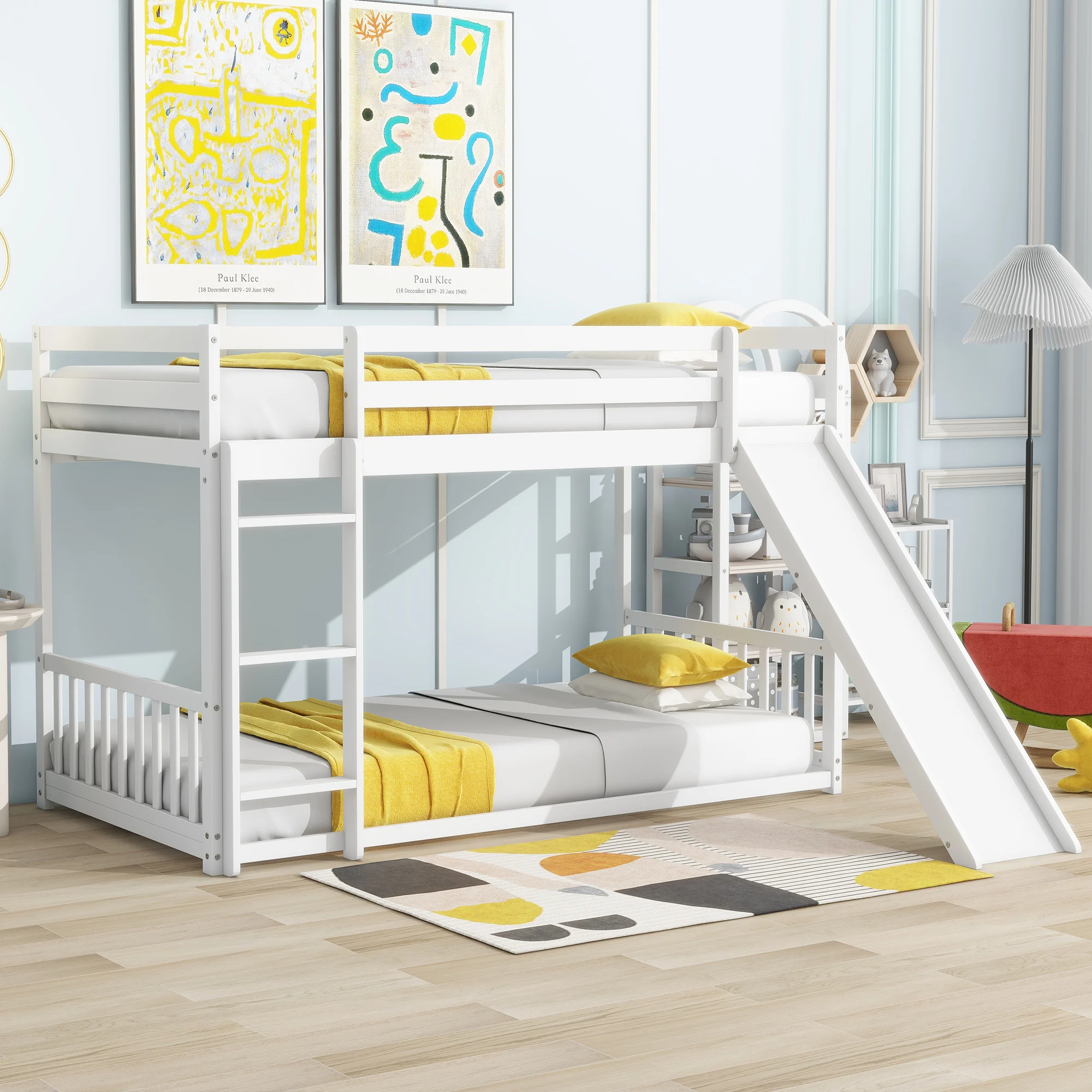 Twin Over Twin Floor Bunk Bed with Slide, Ladder, Door, Safety Guardrails, Solid Pine Wood Bunk Bed ,White Grey Natural Beds