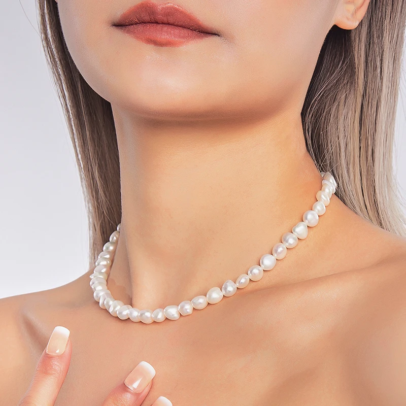 Baroque Shaped  Natural Freshwater Pearls Necklace 8-9mm 925 Sterling Silver Chain Fashion Elegant  Jewelry Hot Gifts  for Women