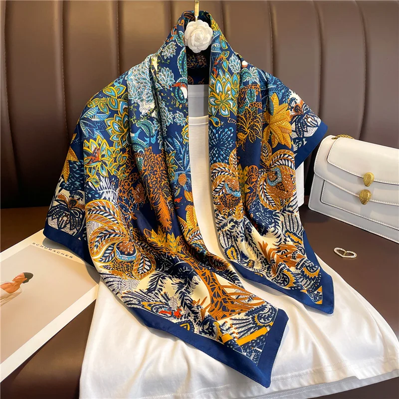 90cm Silk Twill Square Scarf For Women Spring Print Hair Band Hijab Foulard Sunscreen Neckerchief Shawl Wraps Echarpe New