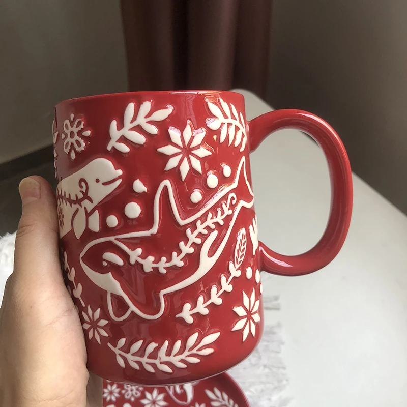 

Exported to the United States Ceramic water cup Large capacity mug Embossed Christmas tree