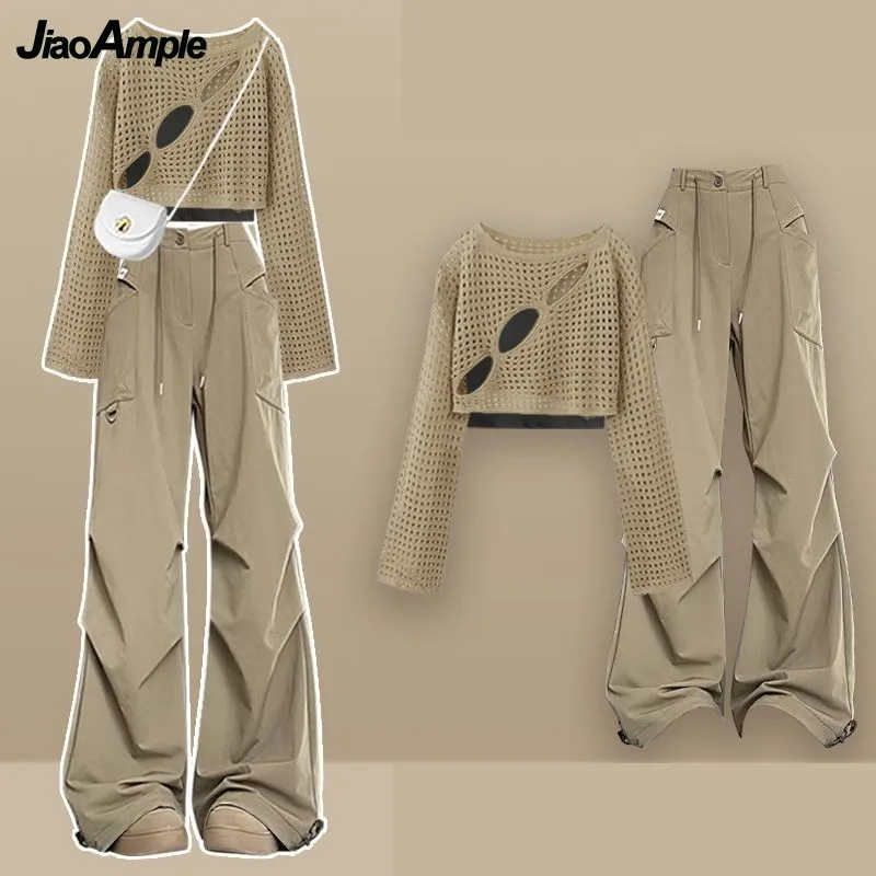 

Women 2025 Spring New Vintage Long Sleeve Knit Hollow Sweater+Vest+Loose Cargo Pants 3-Piece Set Korean Sportswear Matching Set