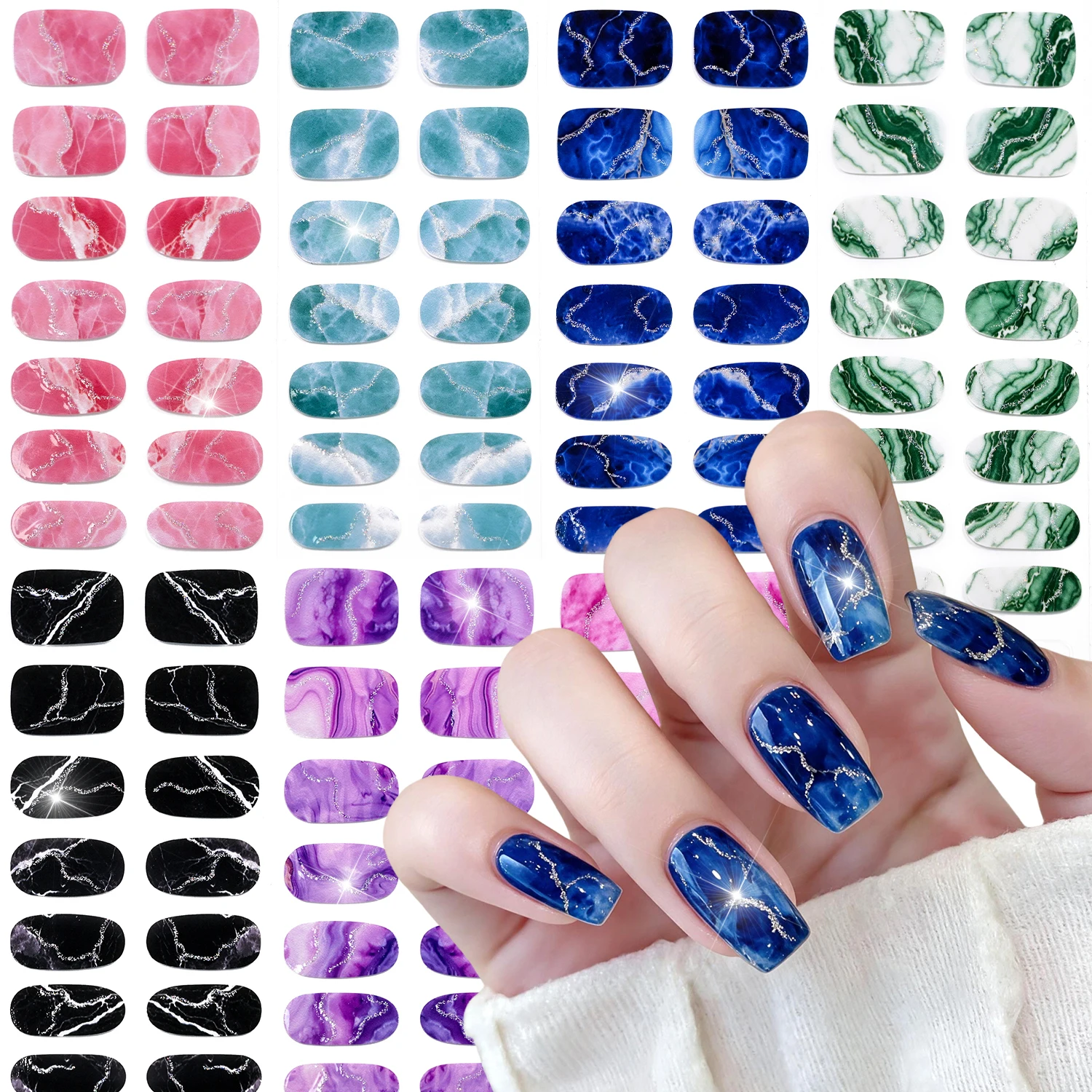 16Tips Y2K Full Cover Nail Wrap Decals Marble Glitter Self‑Adhesive Nail Art Stickers Marble Ink Wash Design Manicure Sliders