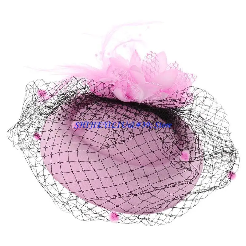 E21F Fascinator Hats for Women Pillbox Cap with Flower Furry Mesh Veils and Hair Clip Party Headwear Headdress