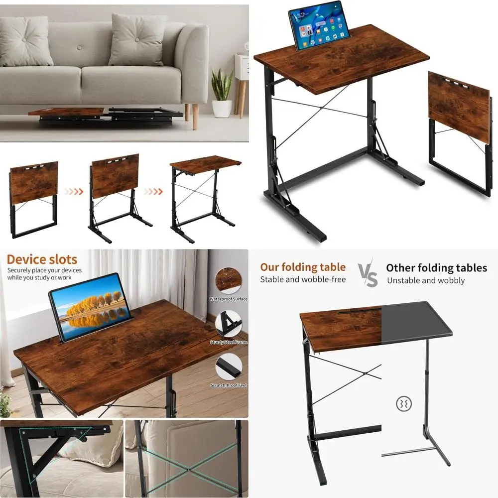 

24 Rustic Brown Folding TV Tray Table, Portable C-Shape Sofa Side Desk, Oversized Laptop Table for Living & Bedroom Use