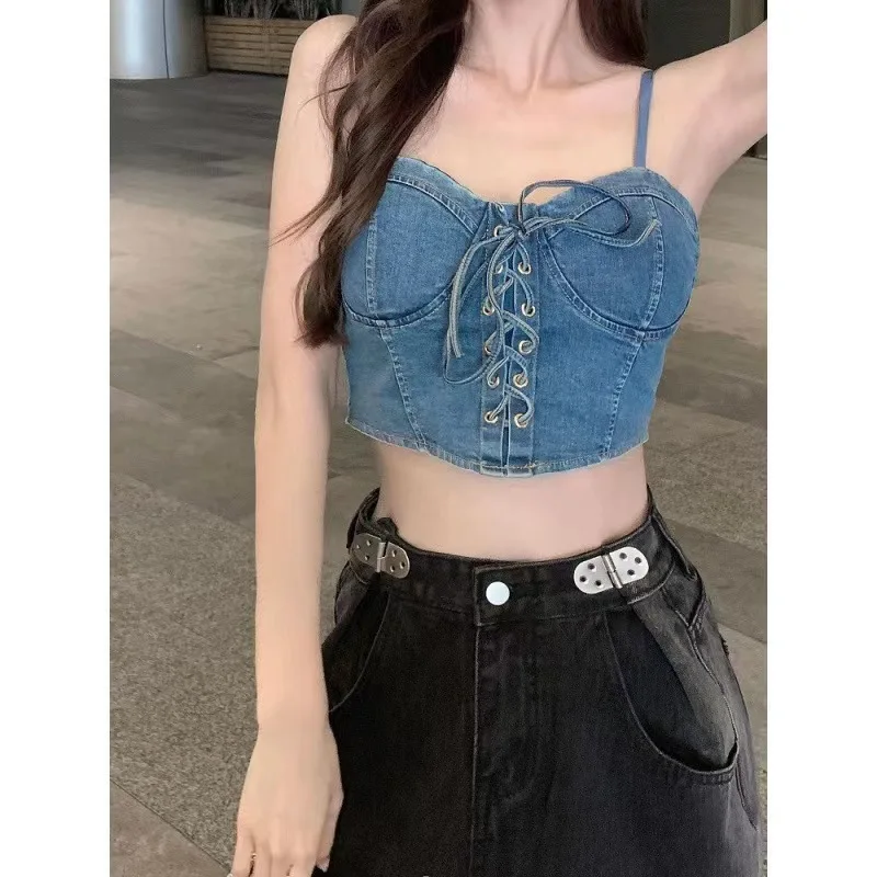 Chest style back denim bra for women in autumn Spicy Girls American style strapless short suspender small tank top for external