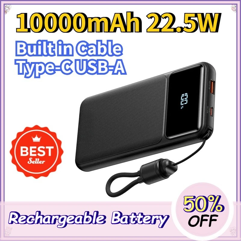 10000mAh Power Bank with Built in Cable 22.5W PD Fast Charging Type-C USB-A Dual Ports Portable Battery