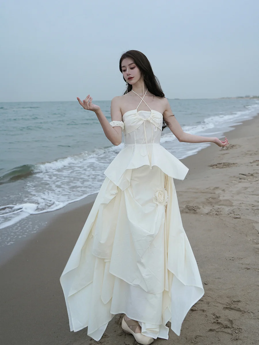 

ONMOON Fairy T f Skirt with Bow Tie Irregular Hem Floral Print High Waist Long A-Line Cotton Gown for Young Women