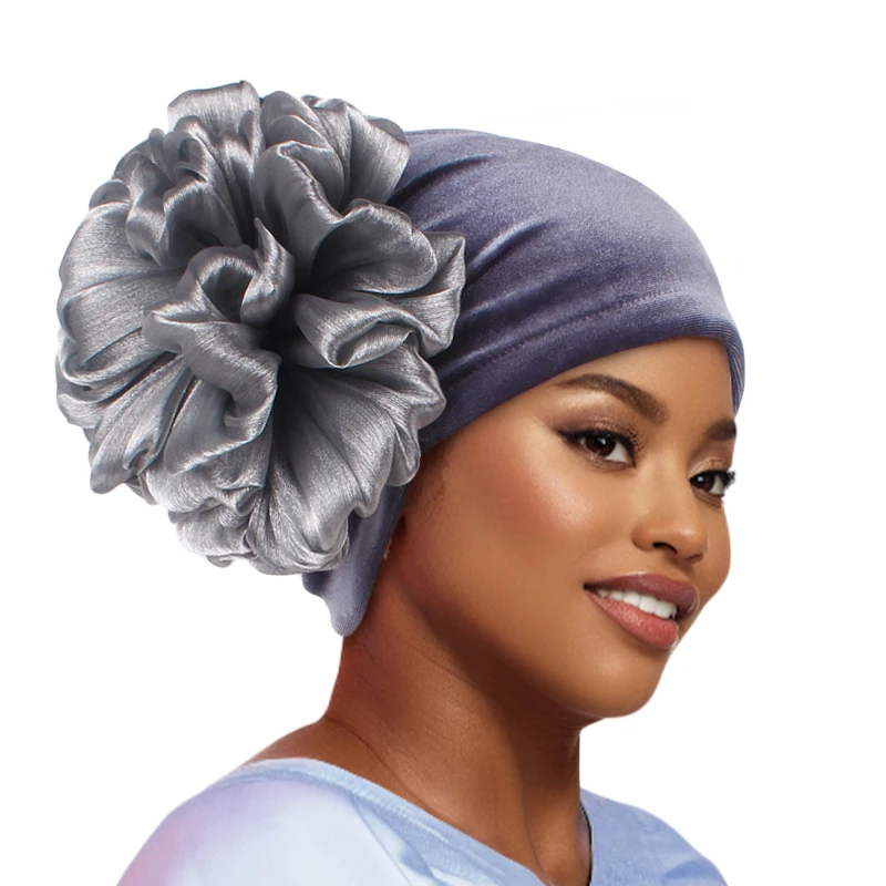 New Woman Big Flower Velvet Turban Elastic Cloth Hair Loss Head Scarf Wrap Muslim Islamic Beanie Cap Turbante hair accessories