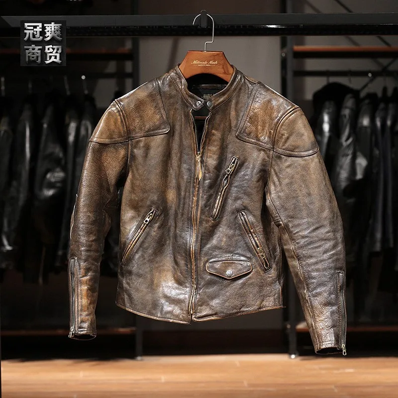 Men's leather with a stand-up collar and multiple pockets washed heavy water yellow cowhide