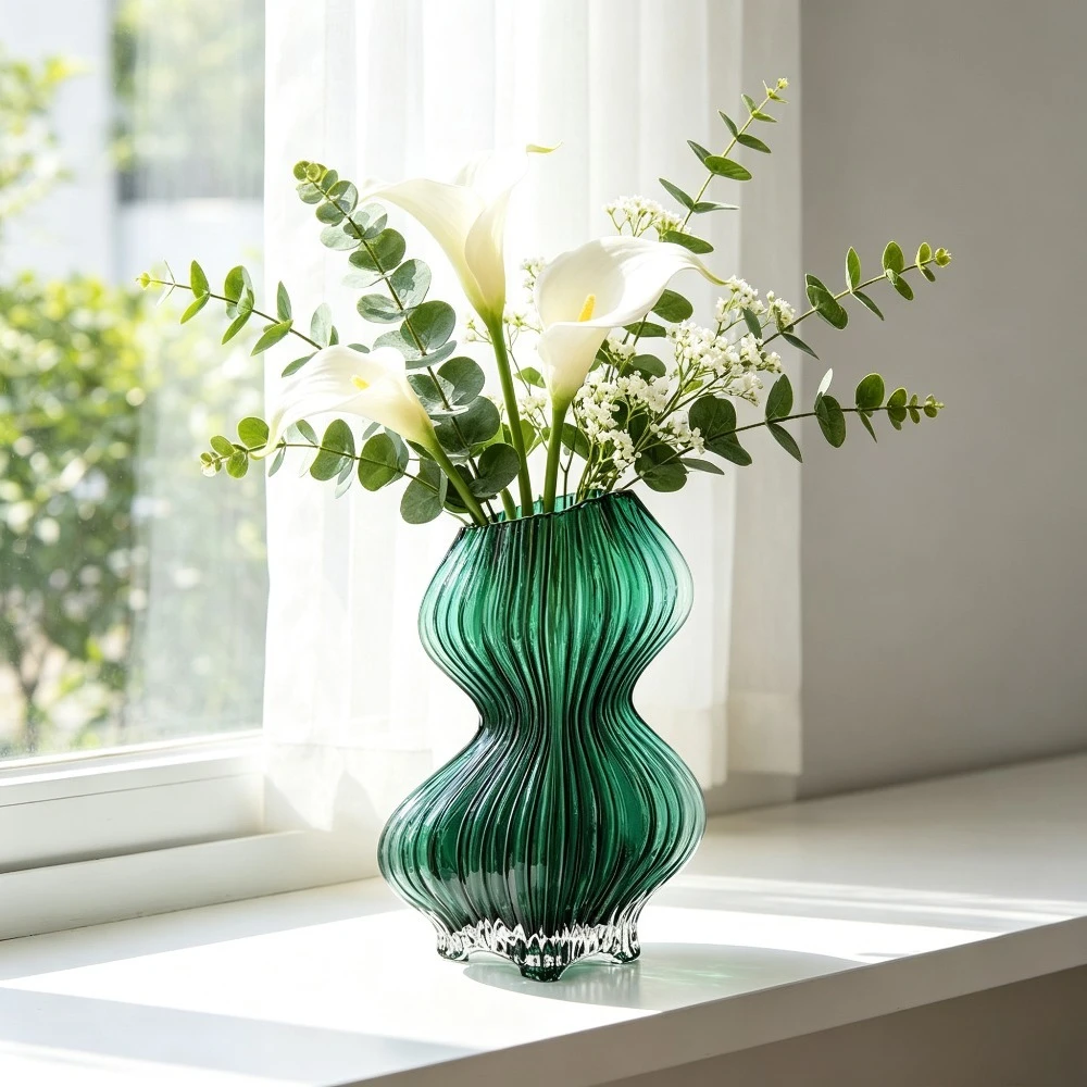 Creative Curved Gourd Glass Flower Vase Vertical Striped Texture Hydroponic Vase for Home Office Desktop Home Display