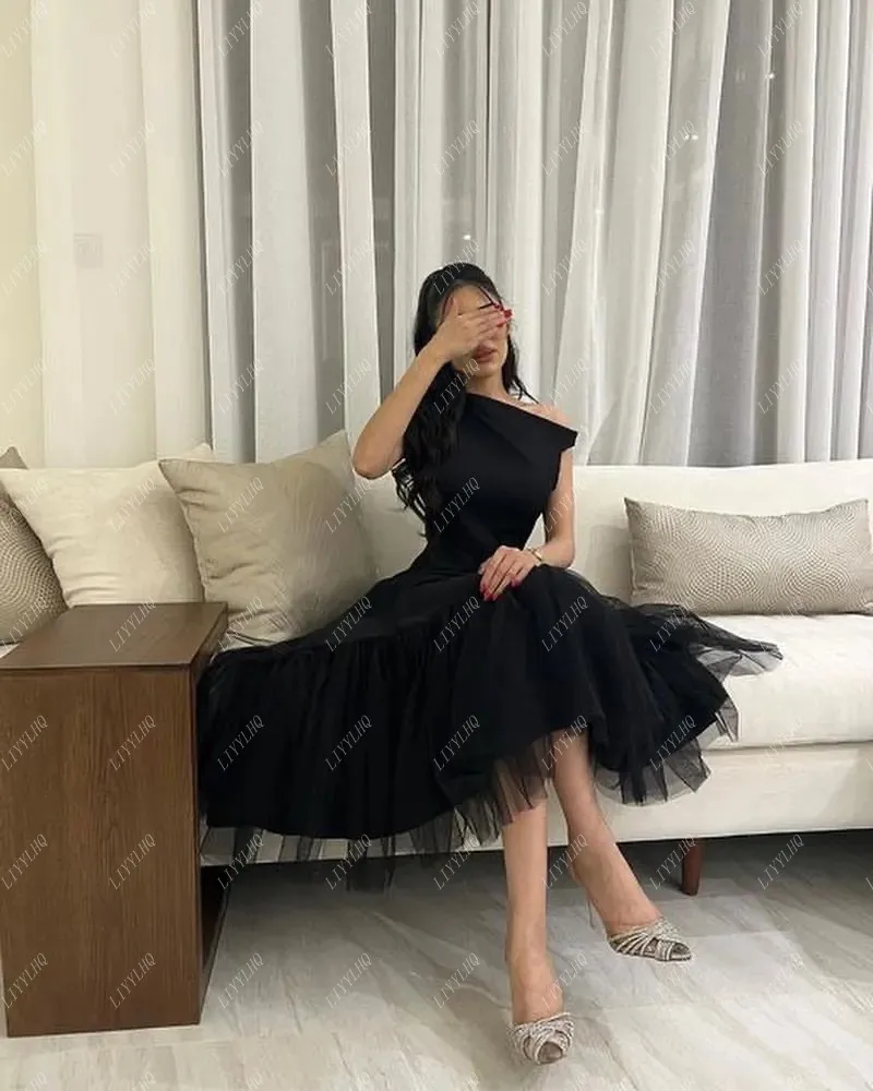 LIYYLHQ Black Prom Dresses Off Shoulder A-Line Tulle Arabia Formal Evening Party Dress Knee-Length Sleeveless Cocktail Gown