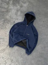 Vintage Karierter Gefütterter Zip-Up-Hoodie für Männer und Frauen, Marineblau, Baumwolle, Kapuzenjacke, Oversized Streetwear, Lässige Retro-Oberbekleidung – Detail 3