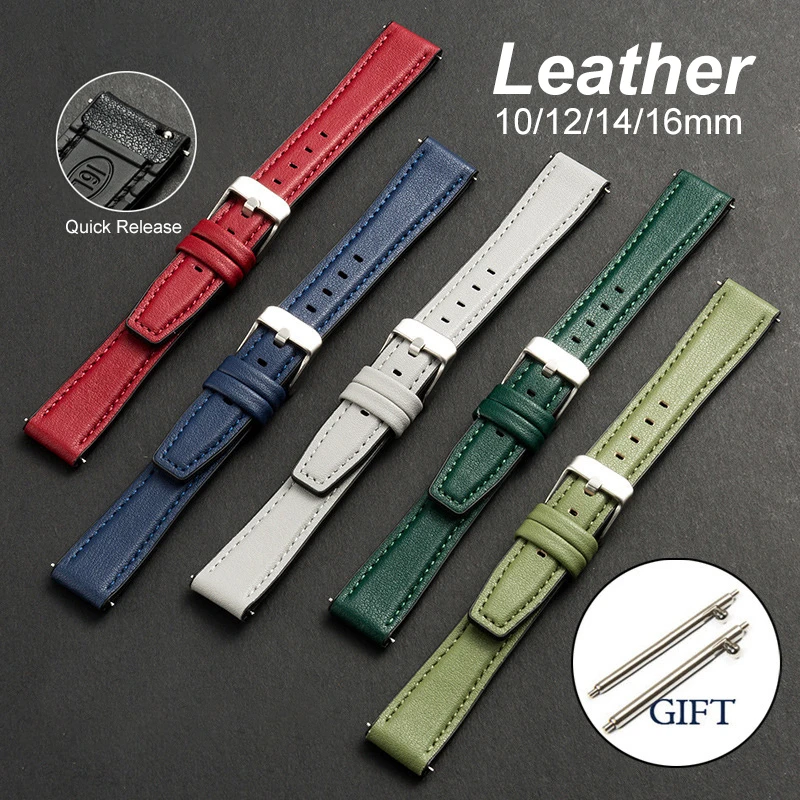 10/12/14/16mm Genuine Leather Silicone Watchband Soft Quick Release Universal Belt Bracelet for Women Men Business Wristband