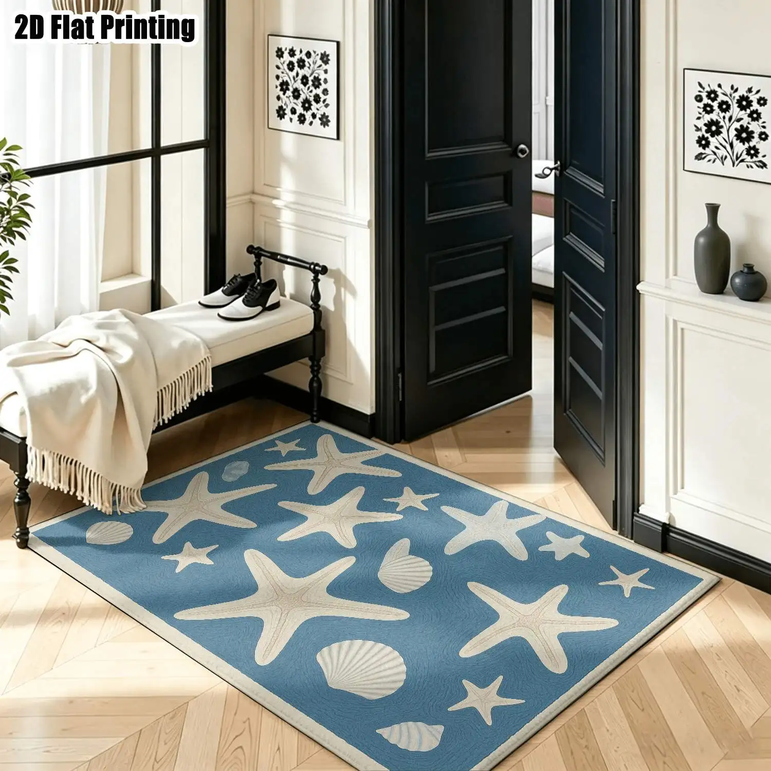 1Pc 2D Printed Blue Background Starfish Shell Pattern Nordic/Modern Minimalist European Style Carpet, Instagram-Worthy Home Decor Floor Mat, Machine Washable, Multi-Size, Suitable for Entryway, Dining Room, Foyer, Bedroom, Living Room