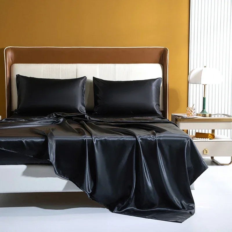 Luxury Emulation Silk Satin Fitted Sheet Set Solid Color Black Elastic Band Bed Mattress Cover Bed Sheet Set with Pillowcase