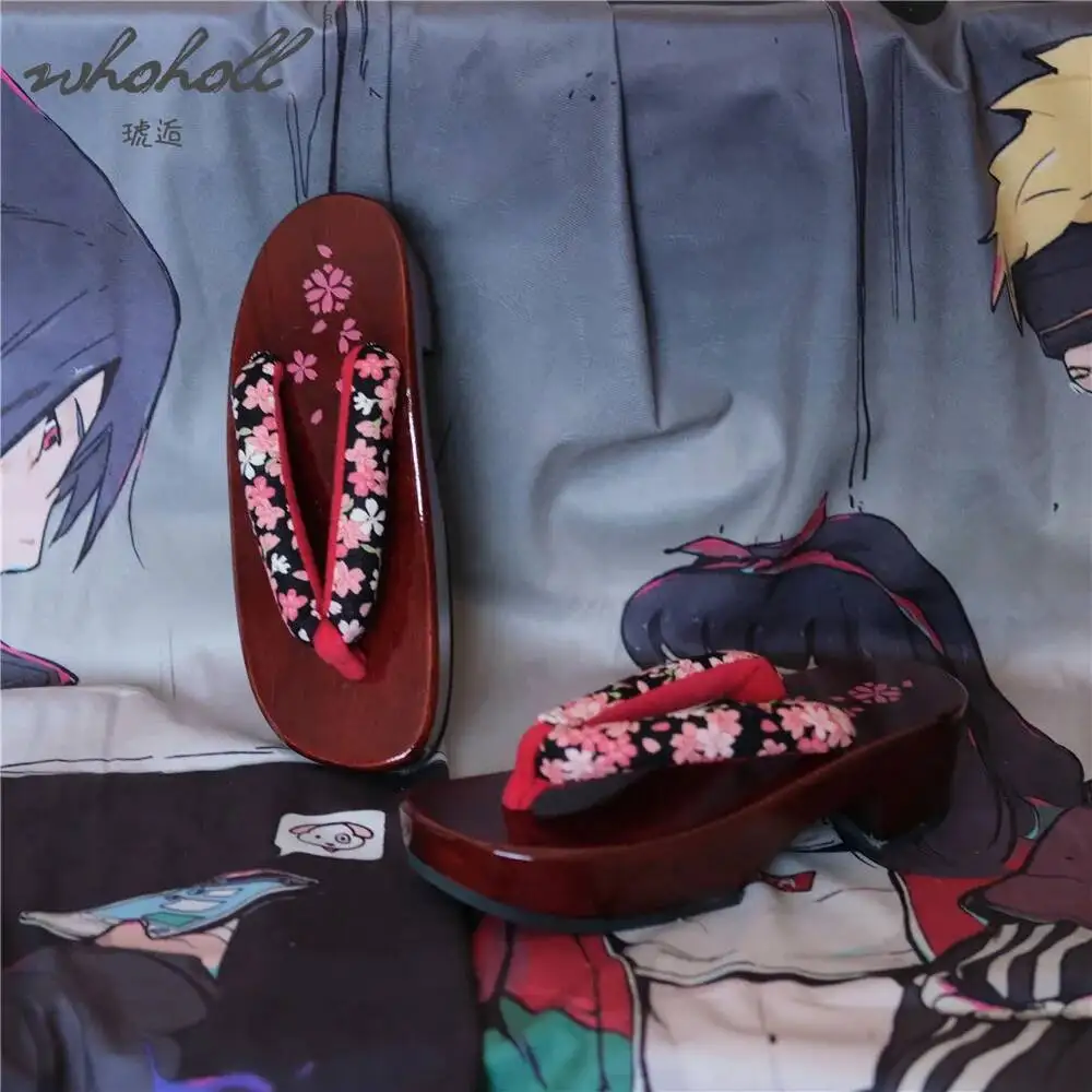 WHOHOLL 여성용 일본식 나무 게타 슬리퍼 여름용 플립플롭 사쿠라 프린트 코스프레 여성 신발