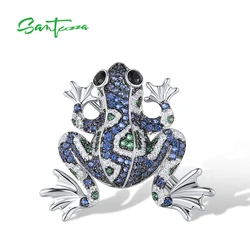 SANTUZZA Genuine 925 Silver Brooch For Women Sparkling Multi-Color Gems Lovely Blue Frog Trendy Party Gifts Fine Jewelry