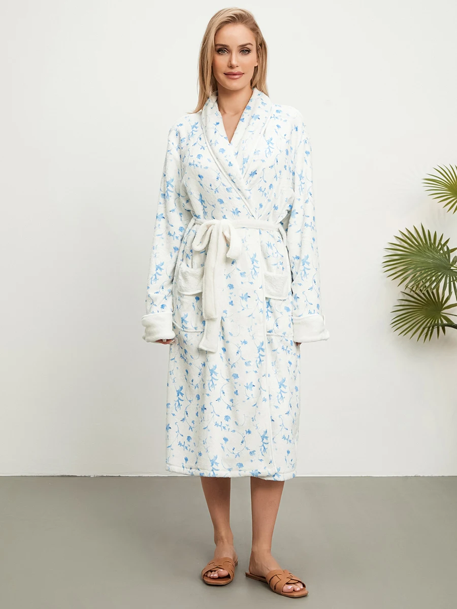 Women Winter Kimono Bathrobe Floral Print Warm Long Sleeve Spa Night Robe with Belt for Soft Pajama Outfit