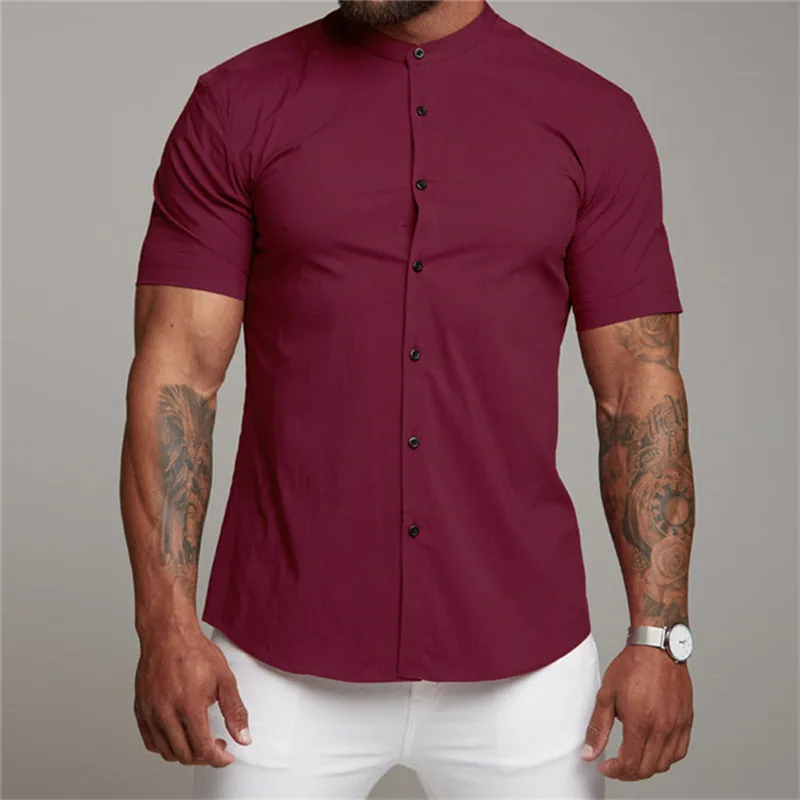 Men's Fashion Short Sleeve Plain Casual Shirt Super Slim Fit Male Social Business Dress Shirts Brand Men stand-up collar shirt