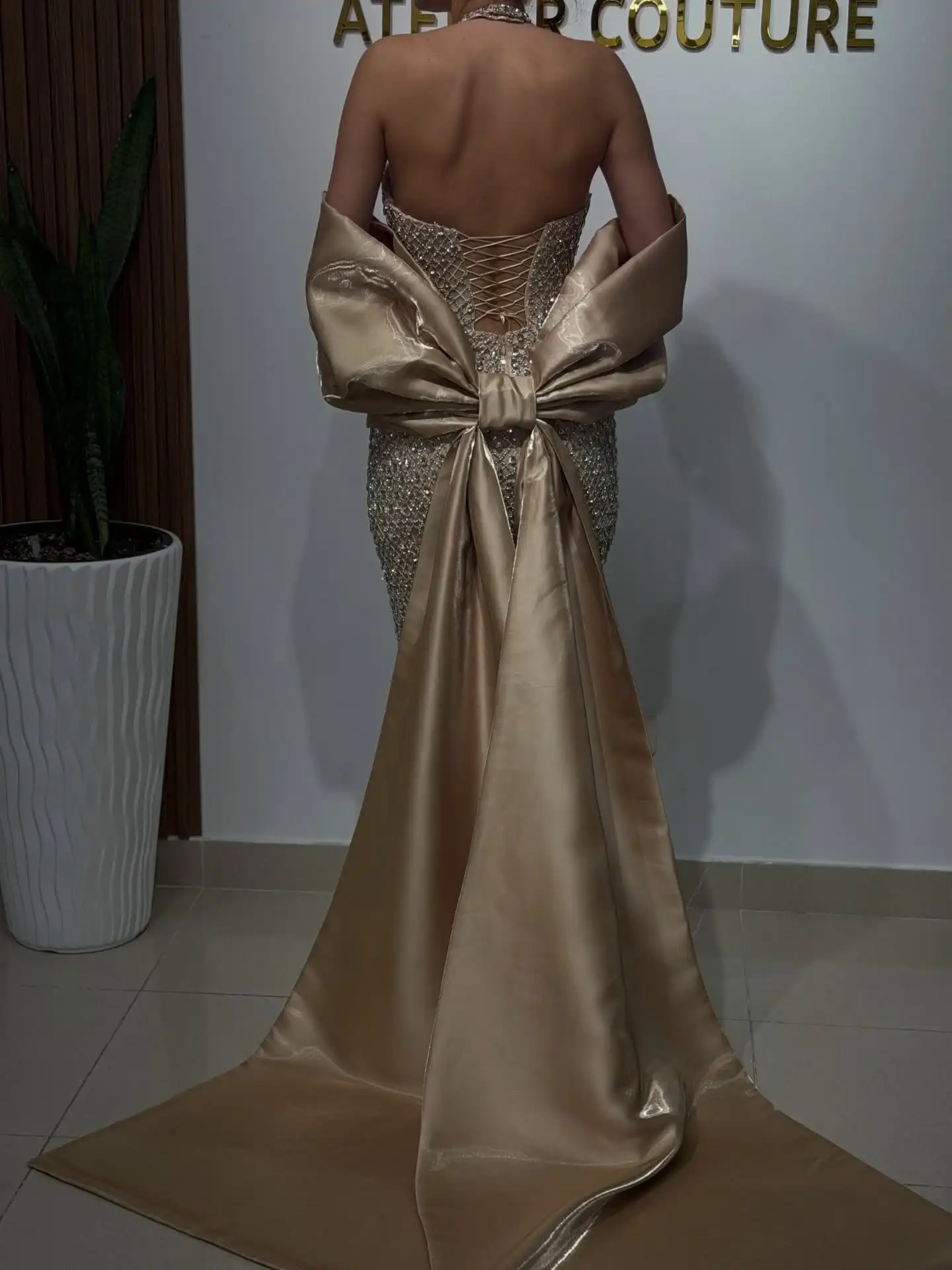 Halter Keyhole Rhinestone Mesh Evening Gown Back Lace Up Oversized Satin Bow Detachable Sleeve Mermaid Train Gala Maxi Dress