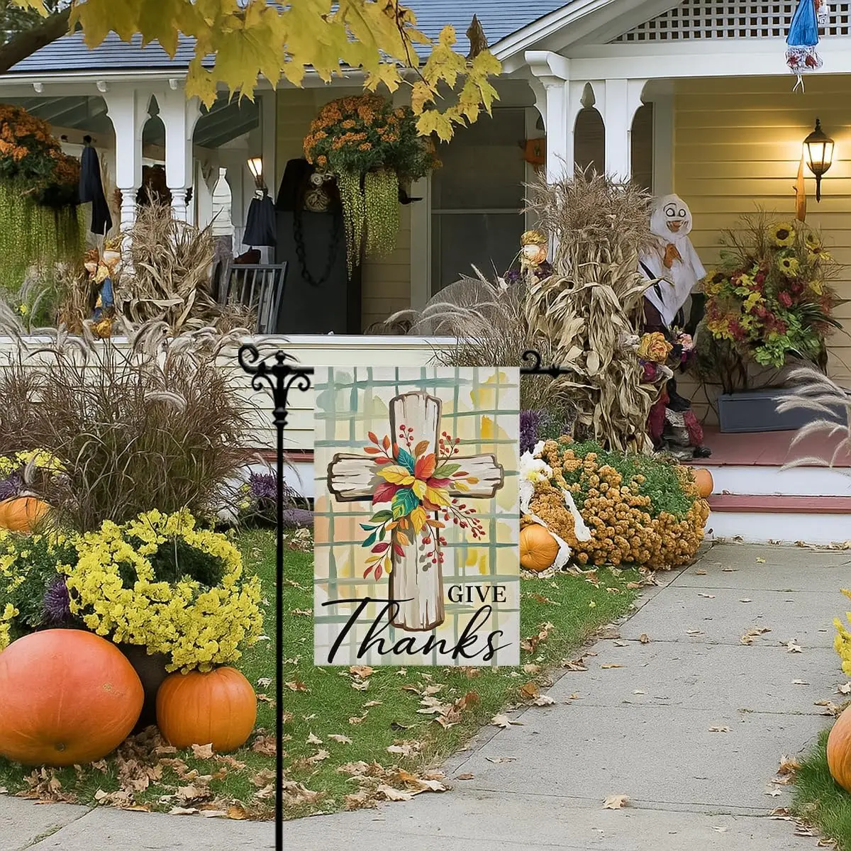 Give Thanks Thanksgiving Garden Flag, Fall Bless Thanksgiving Garden Flag For Outside, Double Sided Fall Harvest Holiday Yar yyi