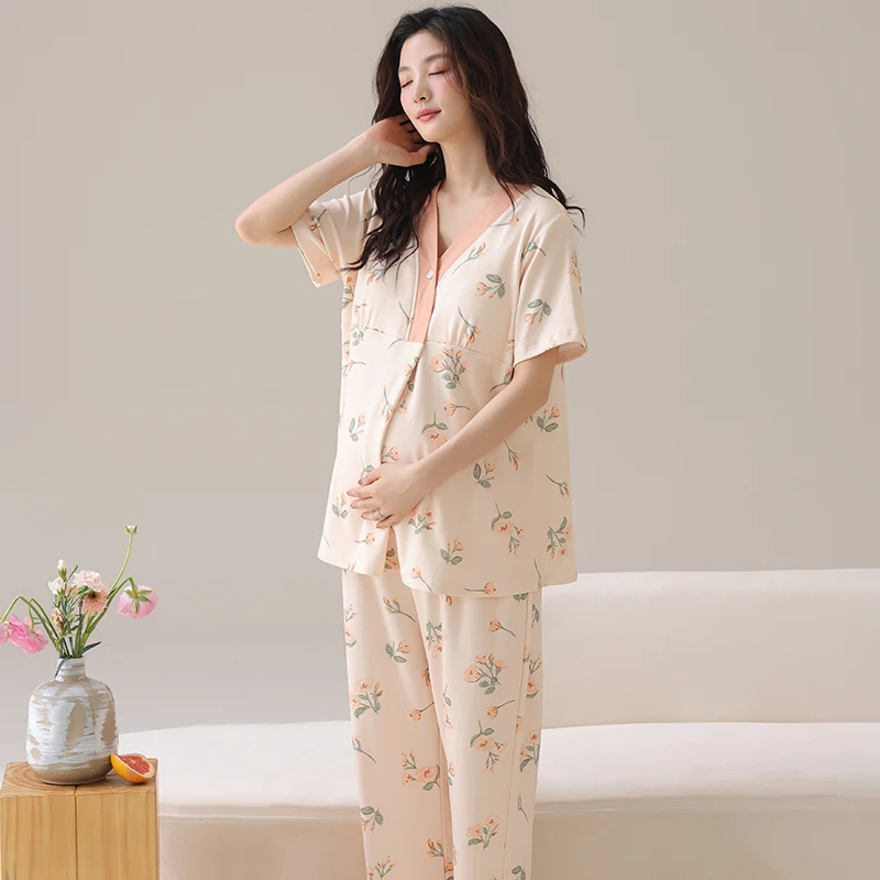 مع منصات الصدر قصيرة الأكمام النساء الحوامل منامة متماسكة بعد الولادة أزياء الحبس خدمة المنزل مجموعة ملابس الرضاعة الطبيعية