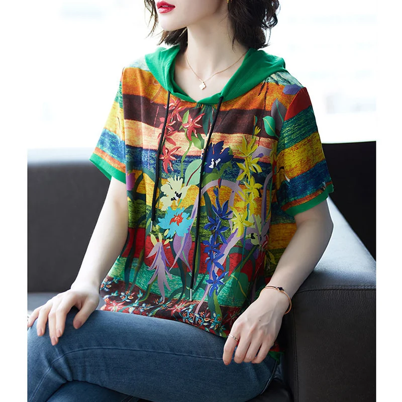 Summer Oversized Casual Fashion Printing T-shirt Ladies Short Sleeve Loose All-match Hooded Pullover Top Women Drawstring Tee