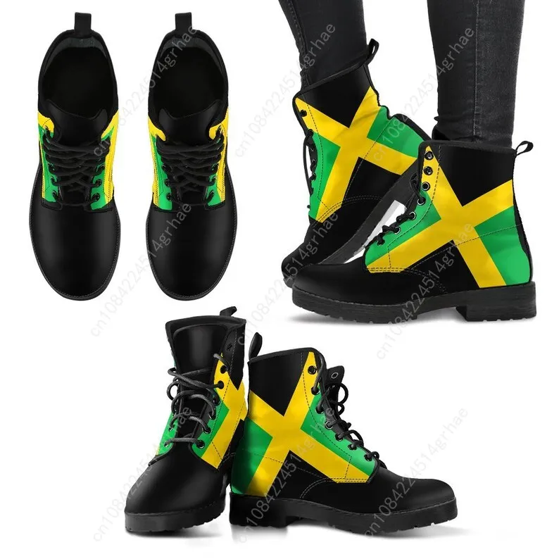 Jamaican Flag Leather Boots, Handcrafted Custom Print, Men's Women's Winter Boots