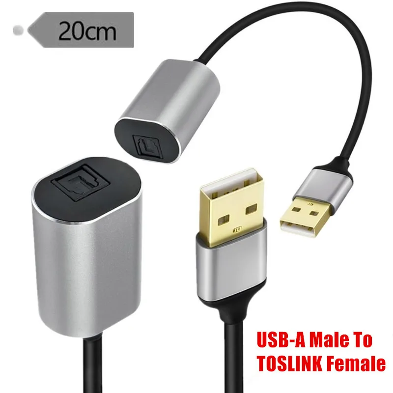 20cm Aluminum Shell USB-A Male To TOSLINK Fiber Optic Female SPDIF PCM Stereo Digital Audio Signal Output Connection Cable