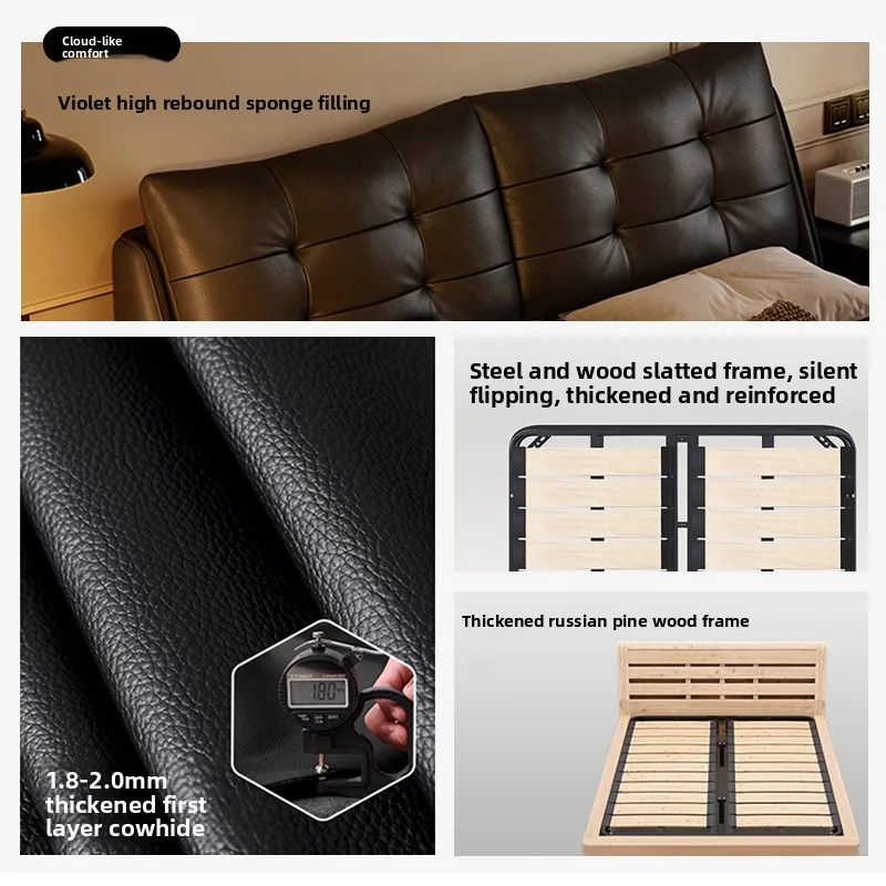 //Cowhide Solid Wood Frame Bed With Hydraulic Storage Function Multi-Size Optional Modern Light Luxury Bedroom Double Bed